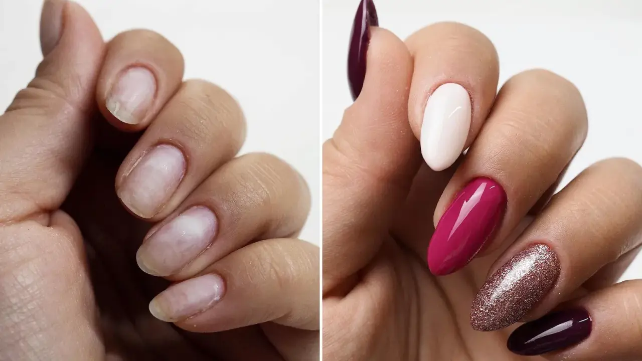 Przed i po: naturalne paznokcie vs. manicure z bazą do przedłużania paznokci, w kolorach śliwkowym, białym, malinowym i brokatowym.