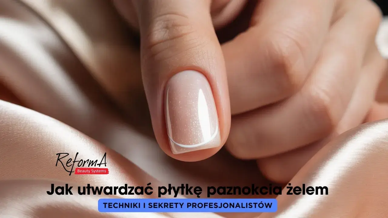 Dłoń z idealnie wykonanymi, płaskimi paznokciami w delikatnym odcieniu beżu z subtelnym brokatem.