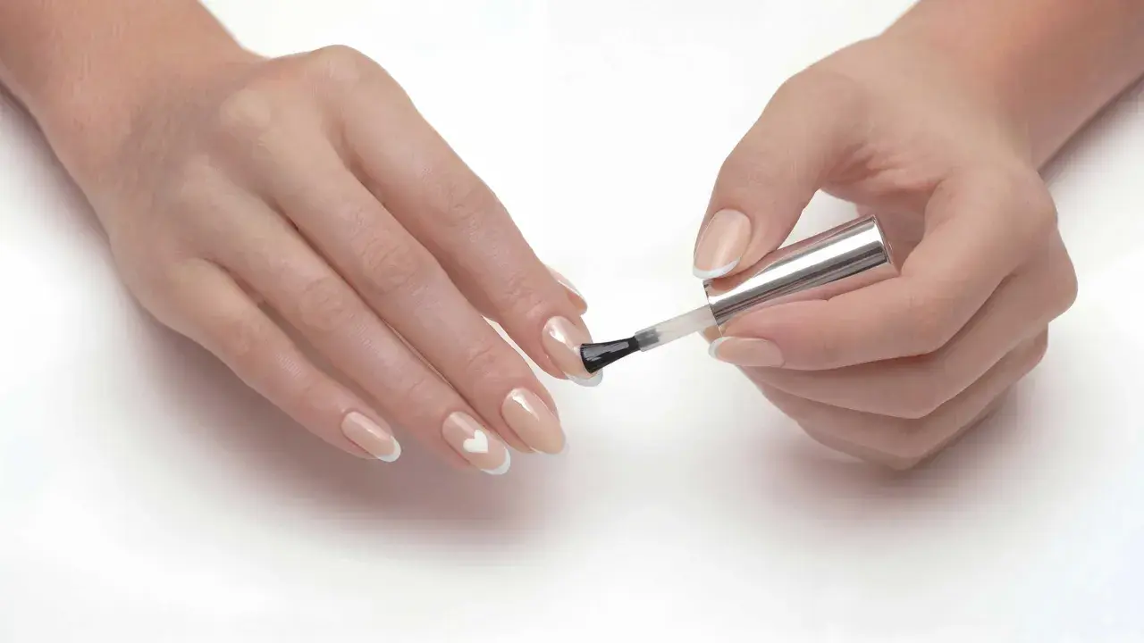 Dłonie z delikatnym manicure, gdzie paznokcie ślubne ze srebrem tworzą subtelny wzór serca.
