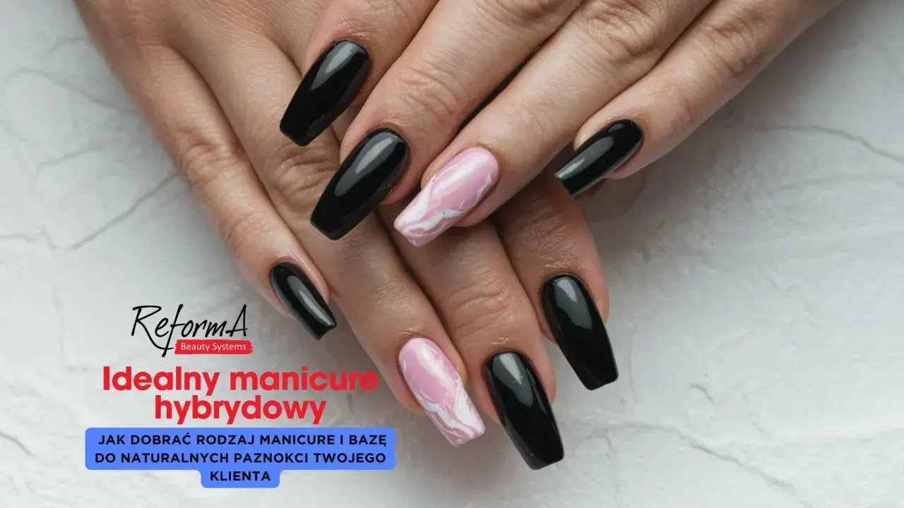 Dłonie z czarnymi i różowymi paznokciami hybrydowymi. Mocna baza hybrydowa to klucz do idealnego manicure.
