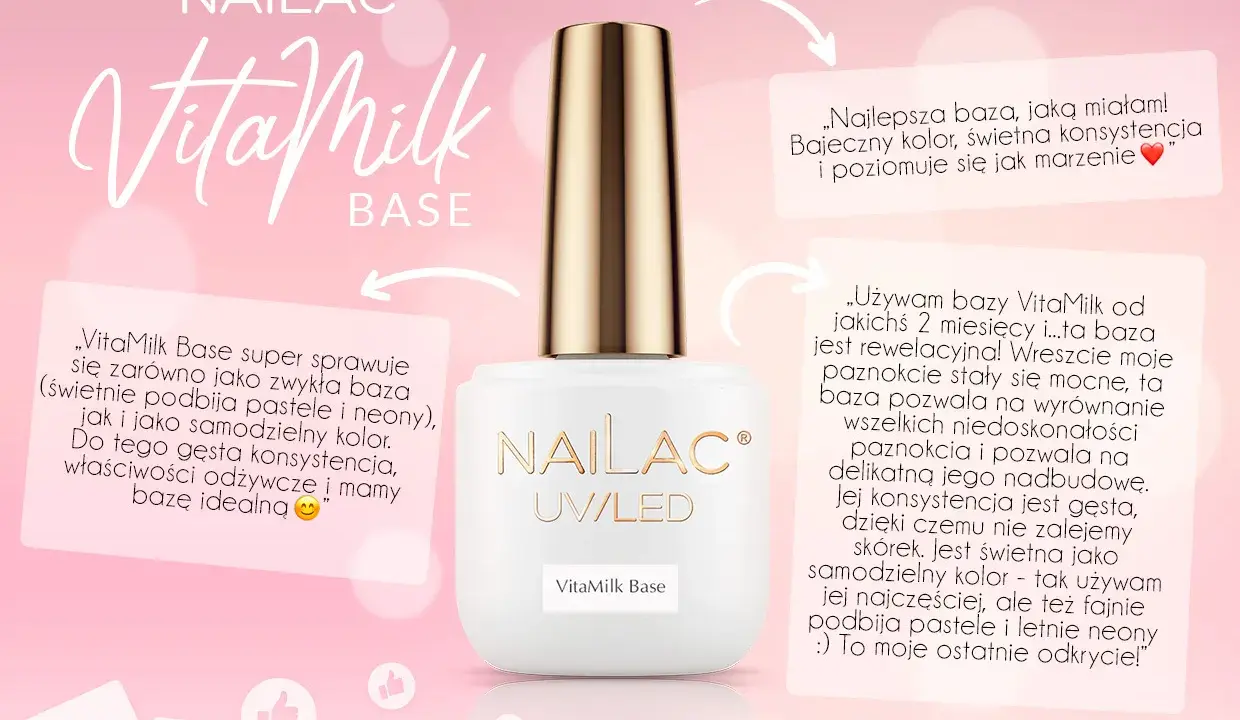 Biała buteleczka bazy do paznokci VitaMilk od Nailac. Idealna baza, która wzmacnia i wyrównuje płytkę.
