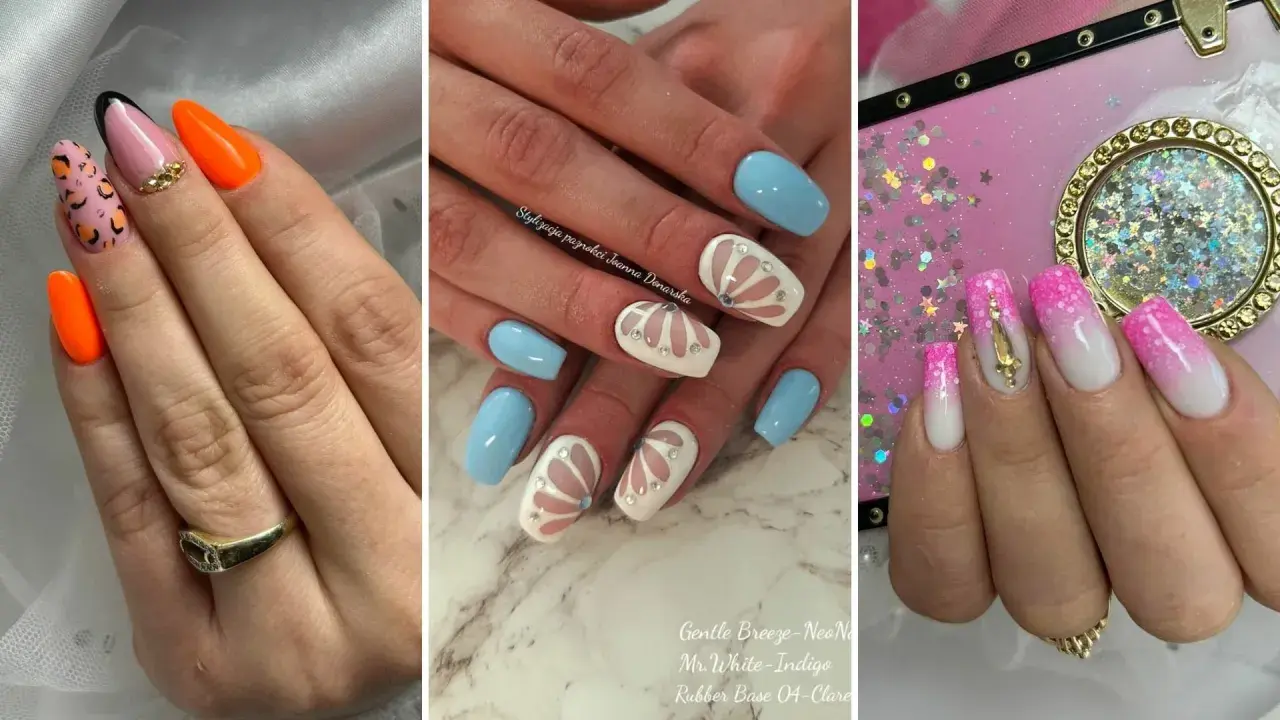 Paznokcie indigo inspiracje: neonowy pomarańcz, błękit z motywem muszli, ombre różowo-białe.