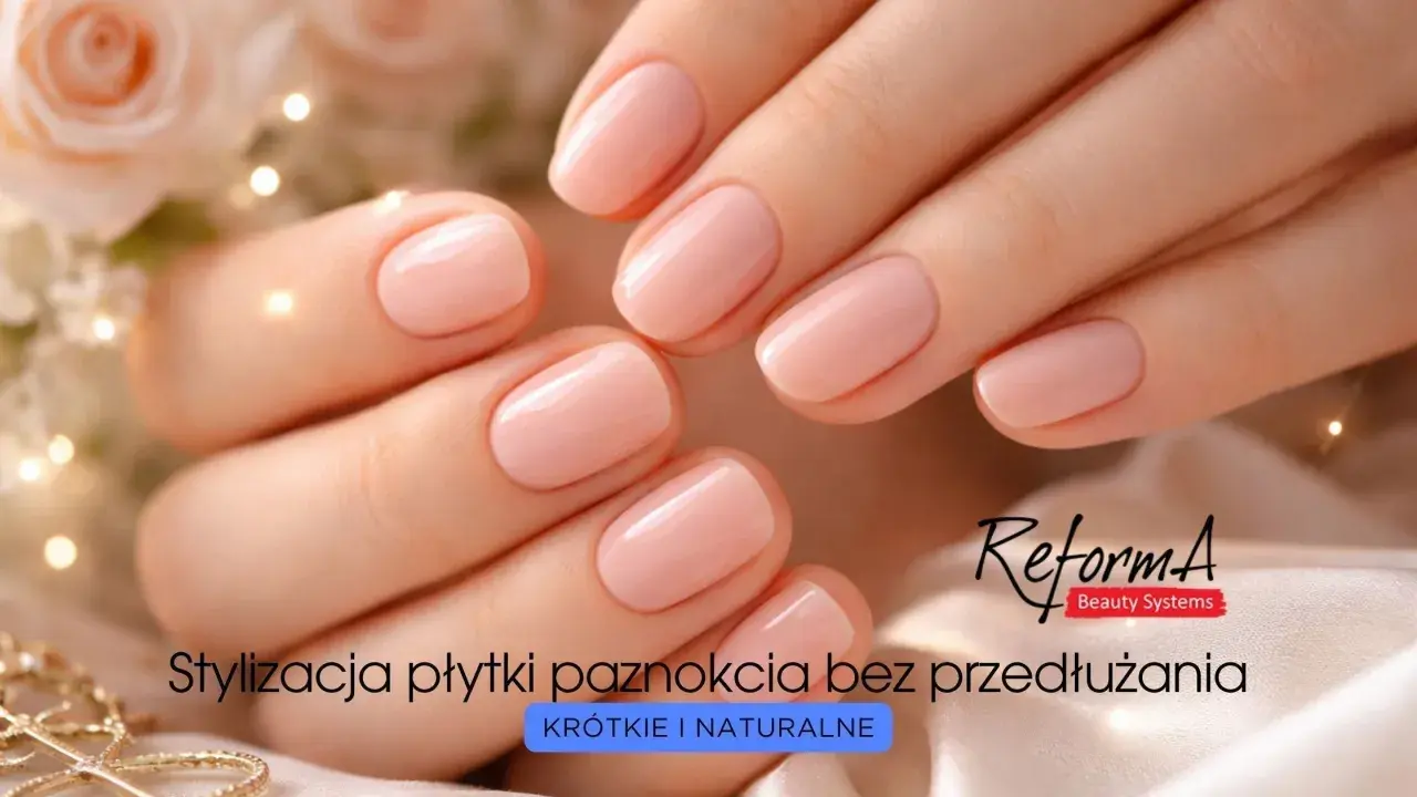 Delikatne, tipsy różowe na krótkich, naturalnych paznokciach. Stylizacja płytki bez przedłużania.