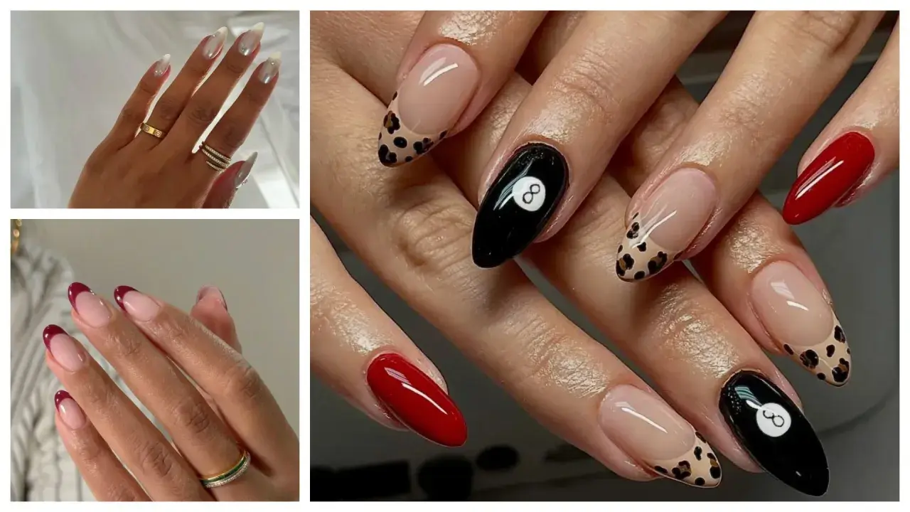 Dłonie z paznokciami w kształcie migdała: białe z cyrkoniami, czerwone, w panterkę, z motywem kuli bilardowej nr 8 i klasyczny french manicure.