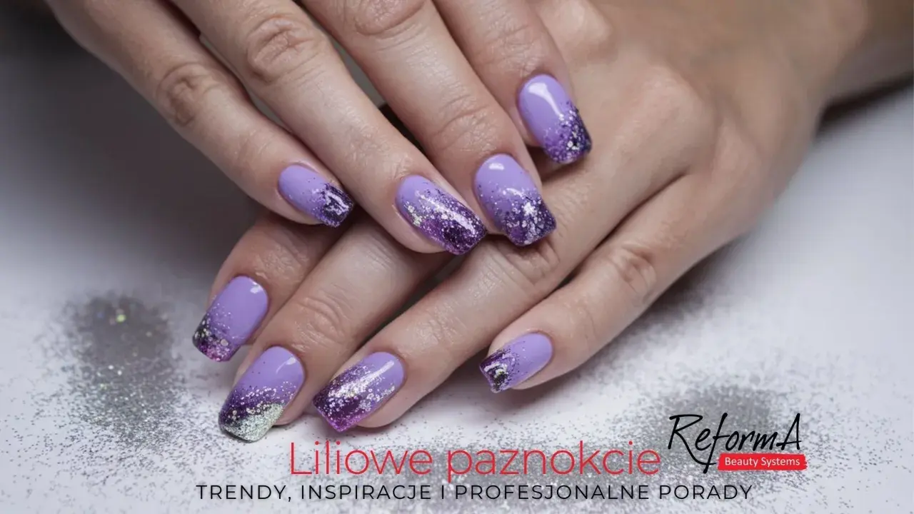 Liliowe paznokcie z efektem ombre i brokatem. Elegancki french z fioletem i srebrnymi drobinkami.