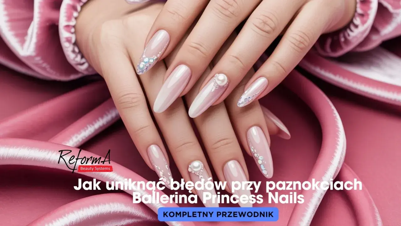 Eleganckie paznokcie baleriny z perłami i kryształkami, idealne na specjalne okazje.