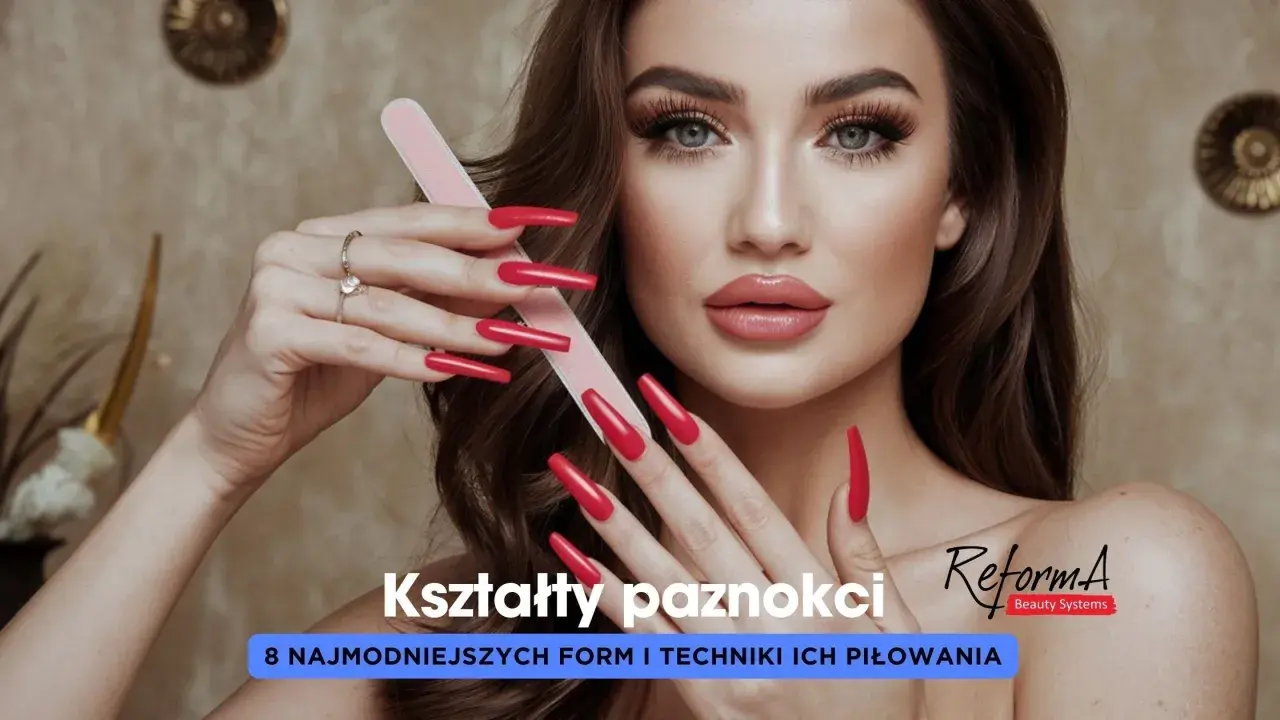 Kobieta z długimi, czerwonymi paznokciami, w tym miękki kwadrat, używa pilniczka. Tekst: "Kształty paznokci".