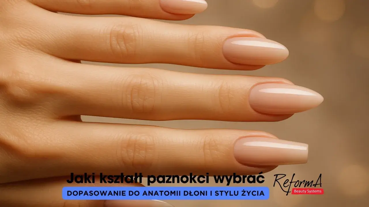Dłonie z idealnie wykonanymi paznokciami żelowymi w kształcie migdała i kwadratowym. Długość paznokci żelowych dopasowana do dłoni.