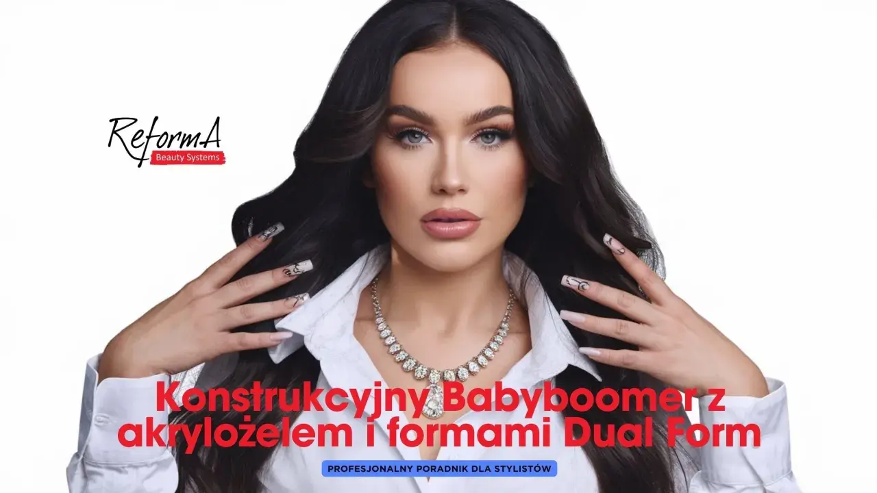Kobieta z długimi, ciemnymi włosami prezentuje paznokcie wykonane metodą french konstrukcyjny. Na jej dłoniach widać zdobienia i elegancką biżuterię.