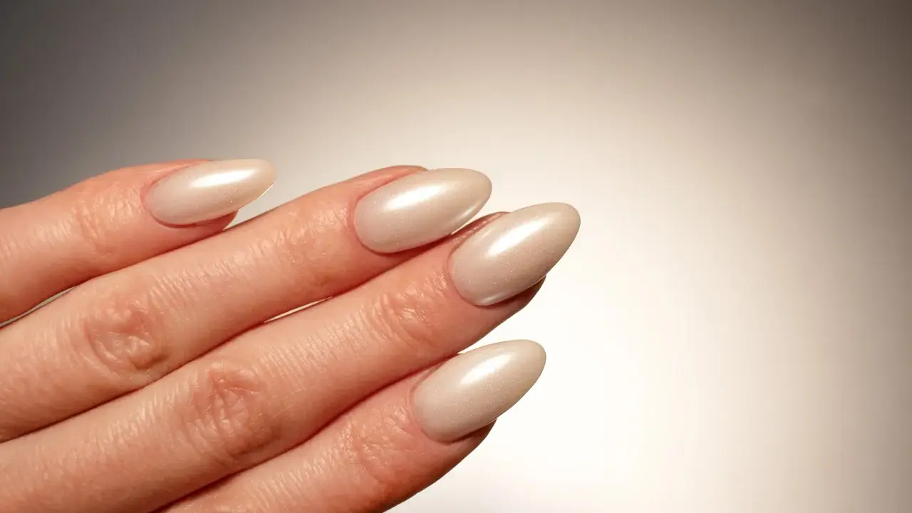Dłoń z paznokciami w kształcie migdała, pomalowanymi na perłowy beż. Idealna krzywa C podkreśla elegancję manicure.