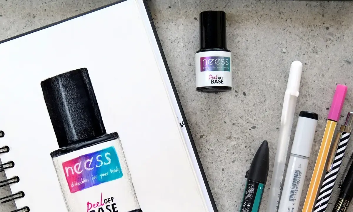 Rysunek lakieru hybrydowego z napisem "Peel OFF BASE" i prawdziwy produkt obok. Czy można nałożyć lakier hybrydowy bez bazy?