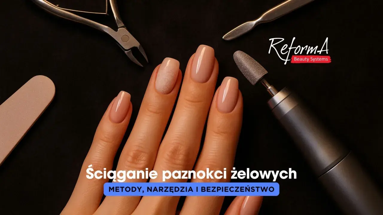 Dłoń z paznokciami żelowymi, pilnik, cążki i frez do ściągania żelu. Narzędzia do stylizacji paznokci.