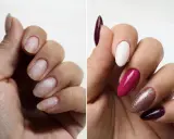 Przed i po: naturalne paznokcie vs. manicure z bazą do przedłużania paznokci, w kolorach śliwkowym, białym, malinowym i brokatowym.