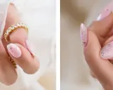 Delikatne, różowe paznokcie z brokatem, ozdobione złotym pierścionkiem. Stylizacja idealna dla każdej kobiety, która ceni elegancję, nawet w stylu baby boomer.