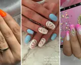 Paznokcie indigo inspiracje: neonowy pomarańcz, błękit z motywem muszli, ombre różowo-białe.