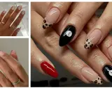 Dłonie z paznokciami w kształcie migdała: białe z cyrkoniami, czerwone, w panterkę, z motywem kuli bilardowej nr 8 i klasyczny french manicure.