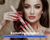 Kobieta z długimi, czerwonymi paznokciami, w tym miękki kwadrat, używa pilniczka. Tekst: "Kształty paznokci".