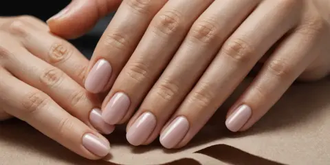 Delikatne, różowe paznokcie owalne, zadbane i lśniące, prezentują się elegancko na neutralnym tle.
