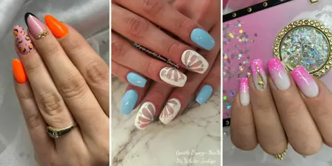 Paznokcie indigo inspiracje: neonowy pomarańcz, błękit z motywem muszli, ombre różowo-białe.