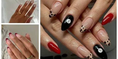 Dłonie z paznokciami w kształcie migdała: białe z cyrkoniami, czerwone, w panterkę, z motywem kuli bilardowej nr 8 i klasyczny french manicure.