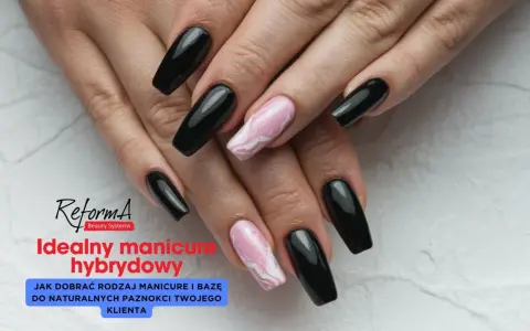 Dłonie z czarnymi i różowymi paznokciami hybrydowymi. Mocna baza hybrydowa to klucz do idealnego manicure.