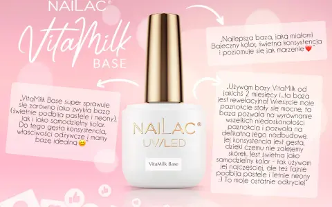 Biała buteleczka bazy do paznokci VitaMilk od Nailac. Idealna baza, która wzmacnia i wyrównuje płytkę.