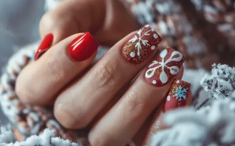 Świąteczne inspiracje na paznokcie: czerwone z białymi płatkami śniegu i złotym brokatem. Idealne na zimowe dni.