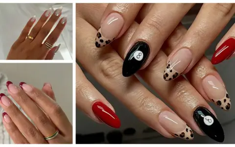 Dłonie z paznokciami w kształcie migdała: białe z cyrkoniami, czerwone, w panterkę, z motywem kuli bilardowej nr 8 i klasyczny french manicure.