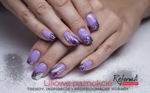 Liliowe paznokcie z efektem ombre i brokatem. Elegancki french z fioletem i srebrnymi drobinkami.