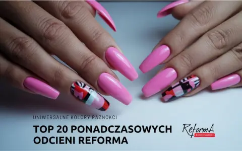 Różowe paznokcie w stylu coffin, z jednym zdobionym wzorem geometrycznym. Inspiracje na modny manicure.