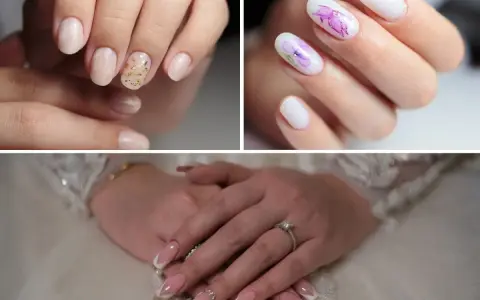 Delikatne paznokcie ślubne boho: kremowe z płatkami złota, białe z fioletowymi kwiatami i klasyczny french z cyrkoniami.