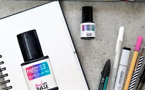 Rysunek lakieru hybrydowego z napisem "Peel OFF BASE" i prawdziwy produkt obok. Czy można nałożyć lakier hybrydowy bez bazy?