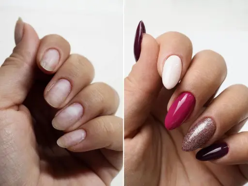 Przed i po: naturalne paznokcie vs. manicure z bazą do przedłużania paznokci, w kolorach śliwkowym, białym, malinowym i brokatowym.
