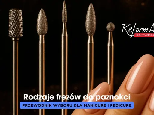 Zestaw frezów do paznokci, w tym frez do ściągania żelu, prezentowany obok zadbanych dłoni.