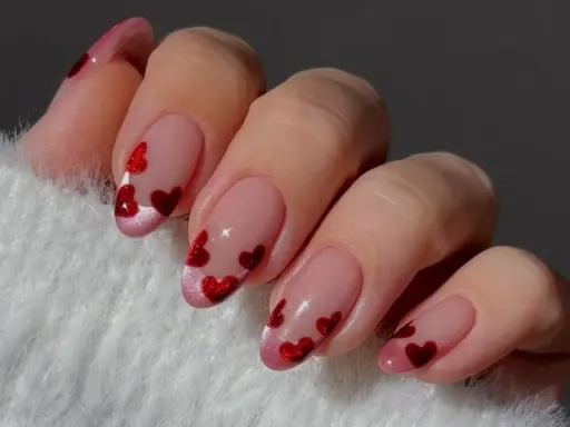 Walentynki paznokcie z sercem. Delikatny french manicure ozdobiony czerwonymi serduszkami, idealny na święto zakochanych.