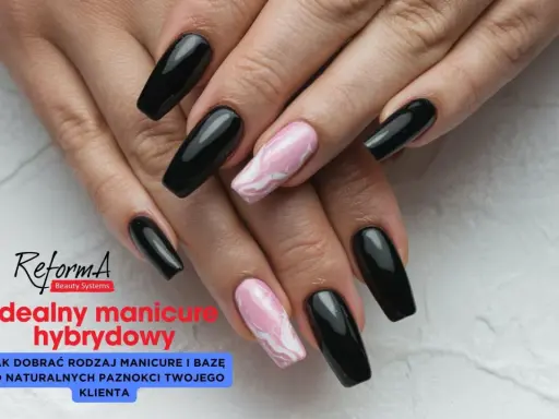 Dłonie z czarnymi i różowymi paznokciami hybrydowymi. Mocna baza hybrydowa to klucz do idealnego manicure.