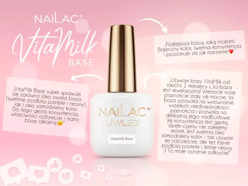 Biała buteleczka bazy do paznokci VitaMilk od Nailac. Idealna baza, która wzmacnia i wyrównuje płytkę.