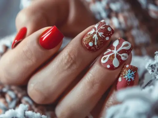 Świąteczne inspiracje na paznokcie: czerwone z białymi płatkami śniegu i złotym brokatem. Idealne na zimowe dni.