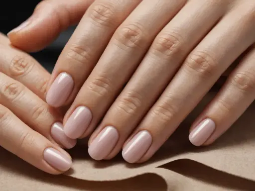 Delikatne, różowe paznokcie owalne, zadbane i lśniące, prezentują się elegancko na neutralnym tle.