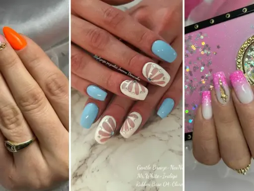 Paznokcie indigo inspiracje: neonowy pomarańcz, błękit z motywem muszli, ombre różowo-białe.