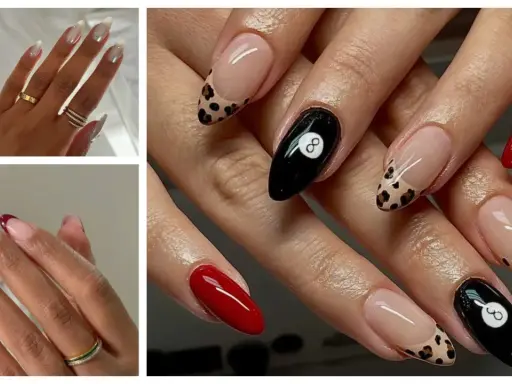 Dłonie z paznokciami w kształcie migdała: białe z cyrkoniami, czerwone, w panterkę, z motywem kuli bilardowej nr 8 i klasyczny french manicure.