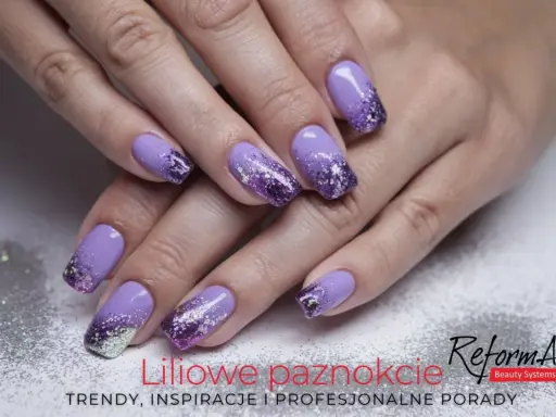 Liliowe paznokcie z efektem ombre i brokatem. Elegancki french z fioletem i srebrnymi drobinkami.