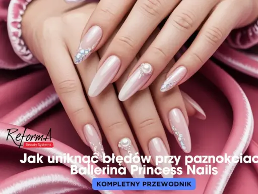 Eleganckie paznokcie baleriny z perłami i kryształkami, idealne na specjalne okazje.