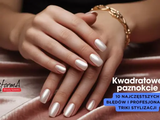 Dłonie z perłowymi, kwadratowymi paznokciami. Złota bransoletka dodaje elegancji.