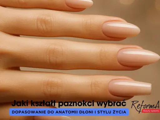 Dłonie z idealnie wykonanymi paznokciami żelowymi w kształcie migdała i kwadratowym. Długość paznokci żelowych dopasowana do dłoni.