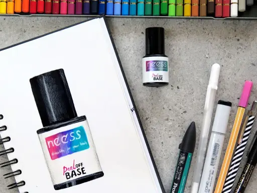 Rysunek lakieru hybrydowego z napisem "Peel OFF BASE" i prawdziwy produkt obok. Czy można nałożyć lakier hybrydowy bez bazy?