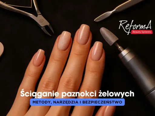 Dłoń z paznokciami żelowymi, pilnik, cążki i frez do ściągania żelu. Narzędzia do stylizacji paznokci.