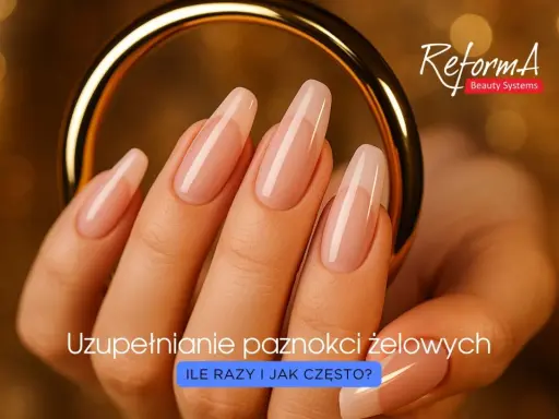 Dłoń z idealnie wykonanymi paznokciami żelowymi, prezentującymi prawidłową budowę. Złota obręcz podkreśla elegancję.