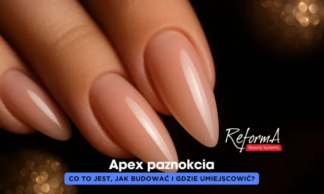 Dłonie z idealnie wykonanymi paznokciami w kształcie migdała. Widoczny jest perfekcyjny apex paznokcia, podkreślający jego kształt.