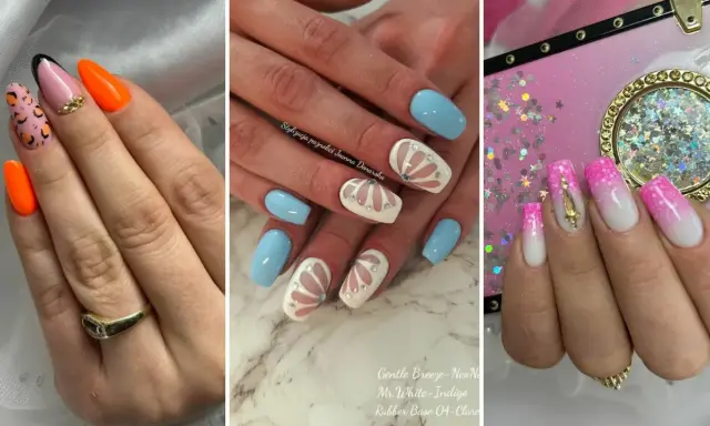 Paznokcie indigo inspiracje: neonowy pomarańcz, błękit z motywem muszli, ombre różowo-białe.